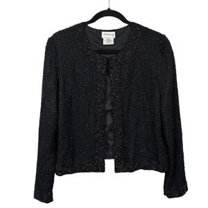 Stenay Womens Black Silk Beaded Jacket Size M Hook & Eye Embellished Blazer